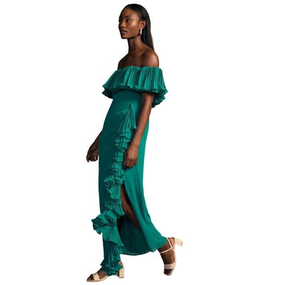 Anthropologie Hutch Green Off The Shoulder Ruffled Column Maxi Dress Size 2 - Picture 1 of 11